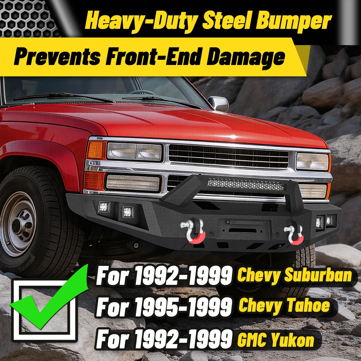Chevy Suburban 92-99 / Yukon 92-99 / Tahoe 95-99 Front Bumper|Bolt-On, No Drilling, Heavy Duty Steel Work Armor, LED Lights & D-Rings