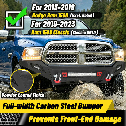 Ram 1500 13-18 & 19-23 Classic (Excl. Rebel) Front Bumper|Bolt-On, No Drilling, Full Width Off-Road & Work Truck, Winch Ready Plate & License Bracket