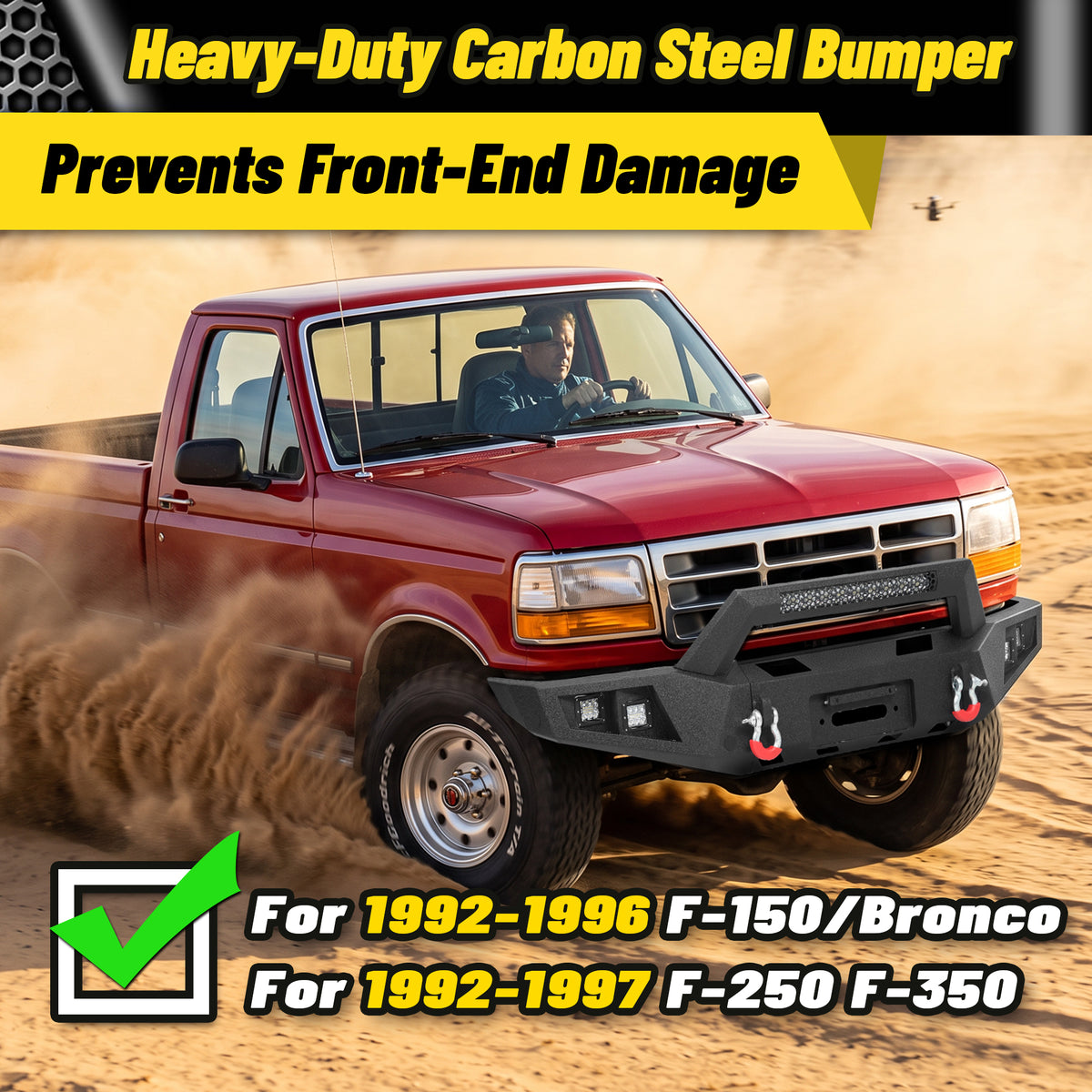 F150 / F250 / F350 1992-1997 Front Bumper|Heavy-Duty Carbon Steel, Winch Mount, D-Rings, LED Lights & License Plate Mount