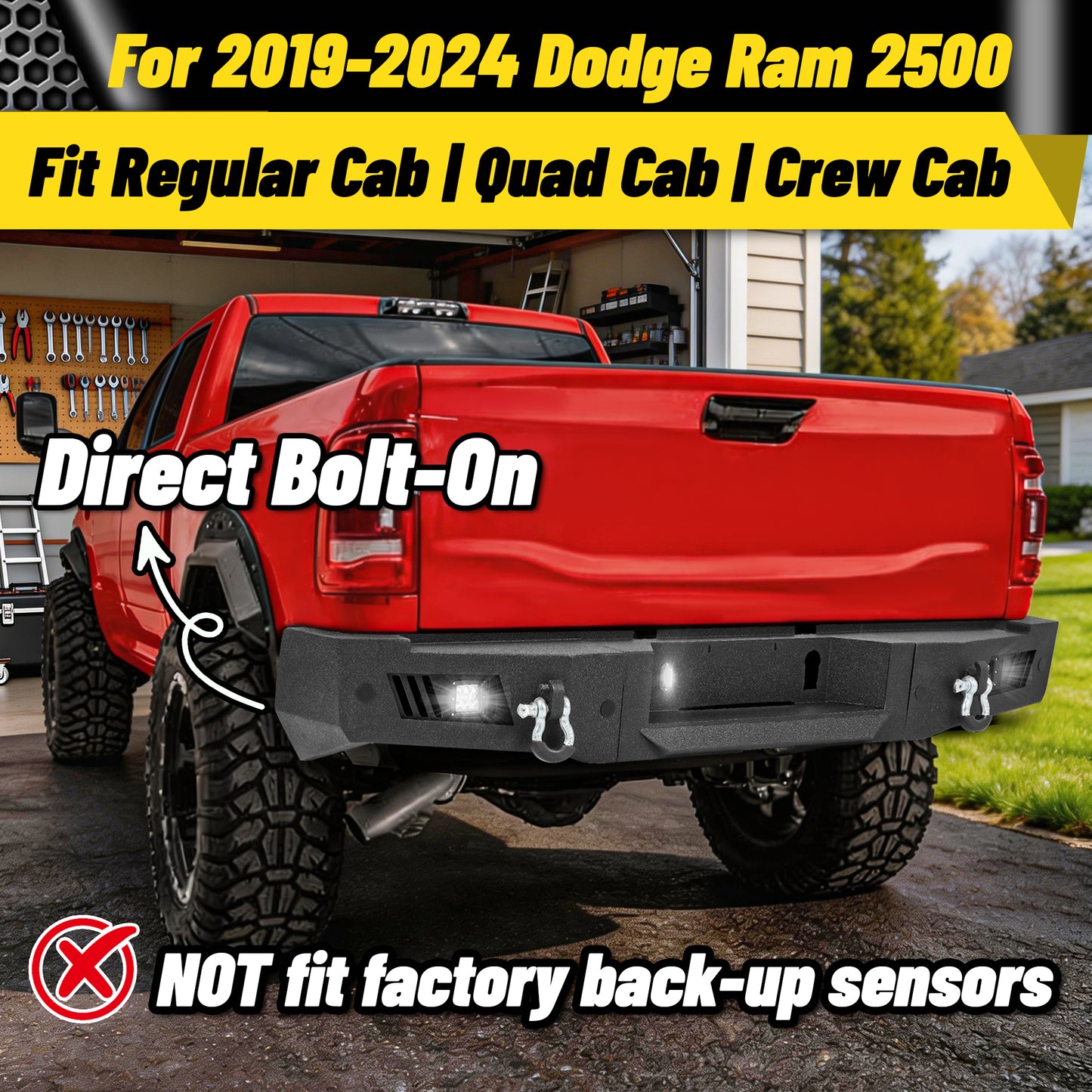Dodge Ram 2500 19-24 Rear Bumper|Direct Bolt-On, No Drill, Work & Tow Ready Armor, LED Lights & D-Rings
