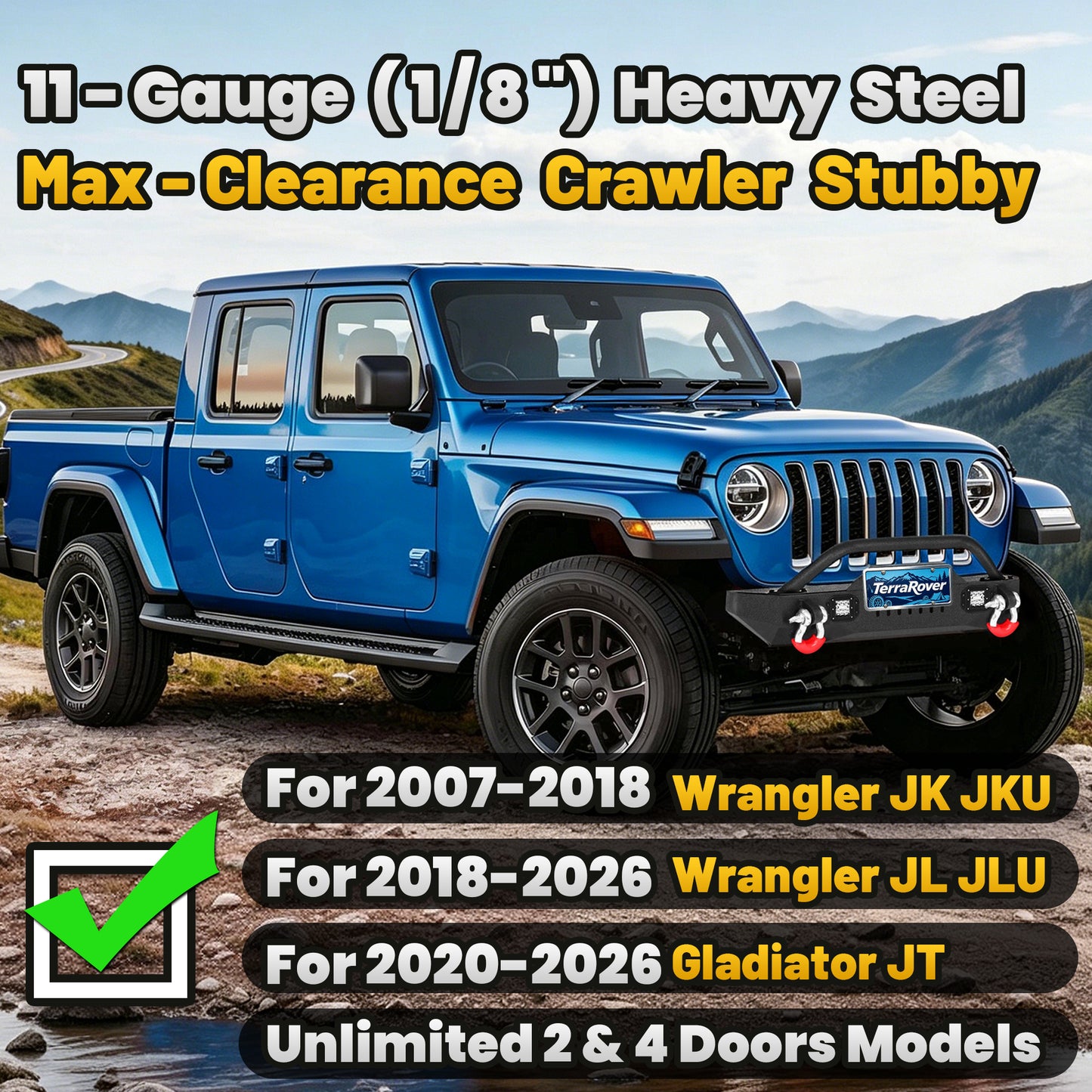 Jeep Wrangler JK/JL 07-26 & Gladiator JT Front Bumper|Direct Bolt-On, No Drill, Overland & Off-Road Defense, Dual D-rings