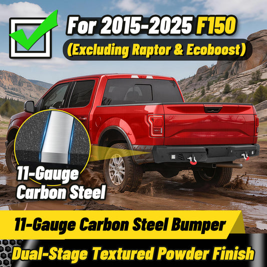 Ford F-150 15-25 (Excl. Raptor & EcoBoost) Rear Bumper|Direct Bolt-On, No Drill, Trail-Ready Protection, LED Lights &Dual D-Rings