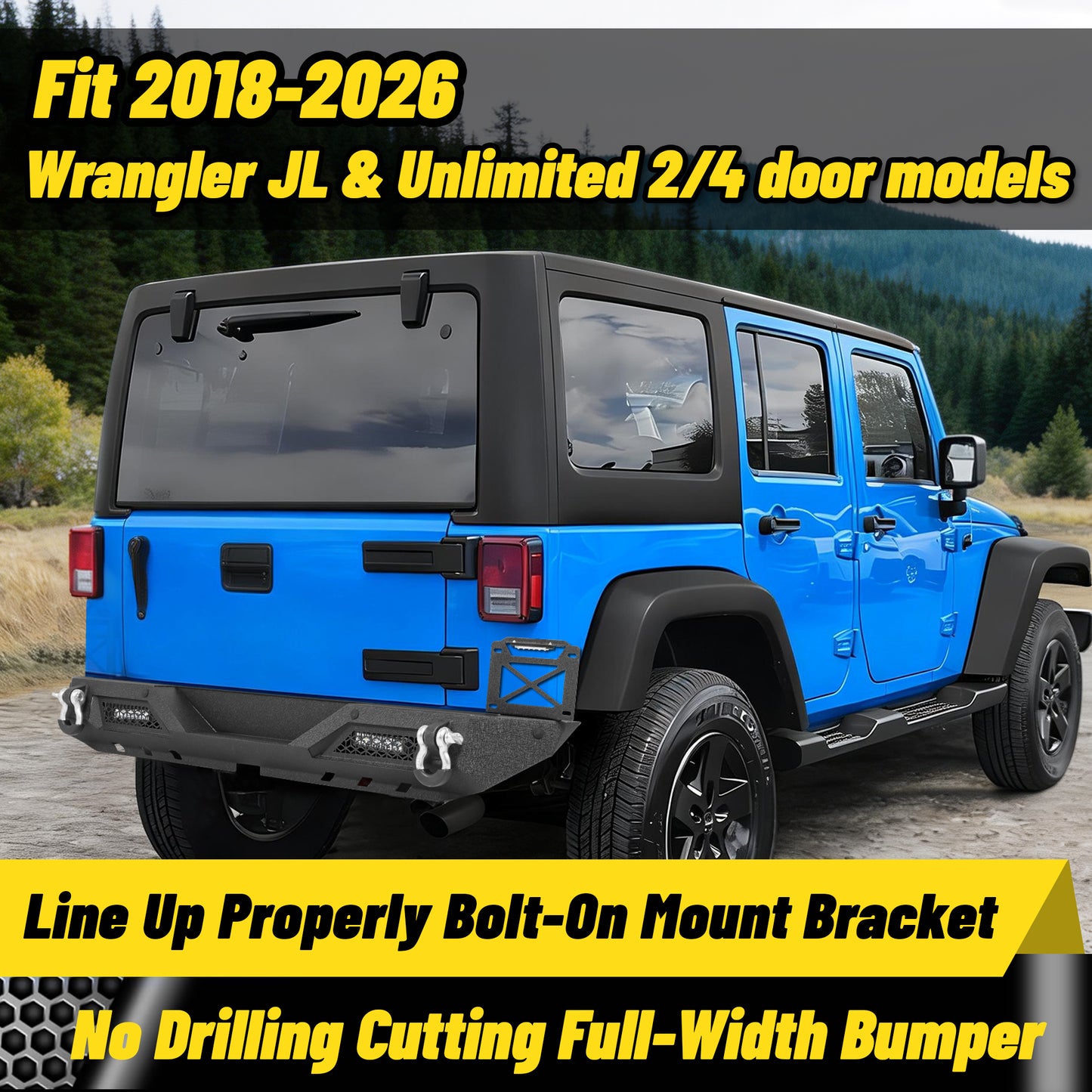 Jeep Wrangler JL/JLU Unlimited 18-26 Rear Bumper|Direct Bolt-On, No Drill, Off-Road Adventure Armor, Skid Plate Protection & D-Rings