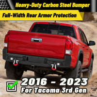 Toyota Tacoma 3rd Gen 2016-2023 Rear Bumper|Direct Bolt-On, No Drill, Carbon Steel Overland Armor, Step Plate & D-Rings