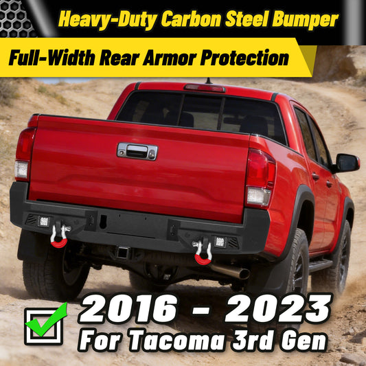 Toyota Tacoma 3rd Gen 2016-2023 Rear Bumper|Direct Bolt-On, No Drill, Carbon Steel Overland Armor, Step Plate & D-Rings