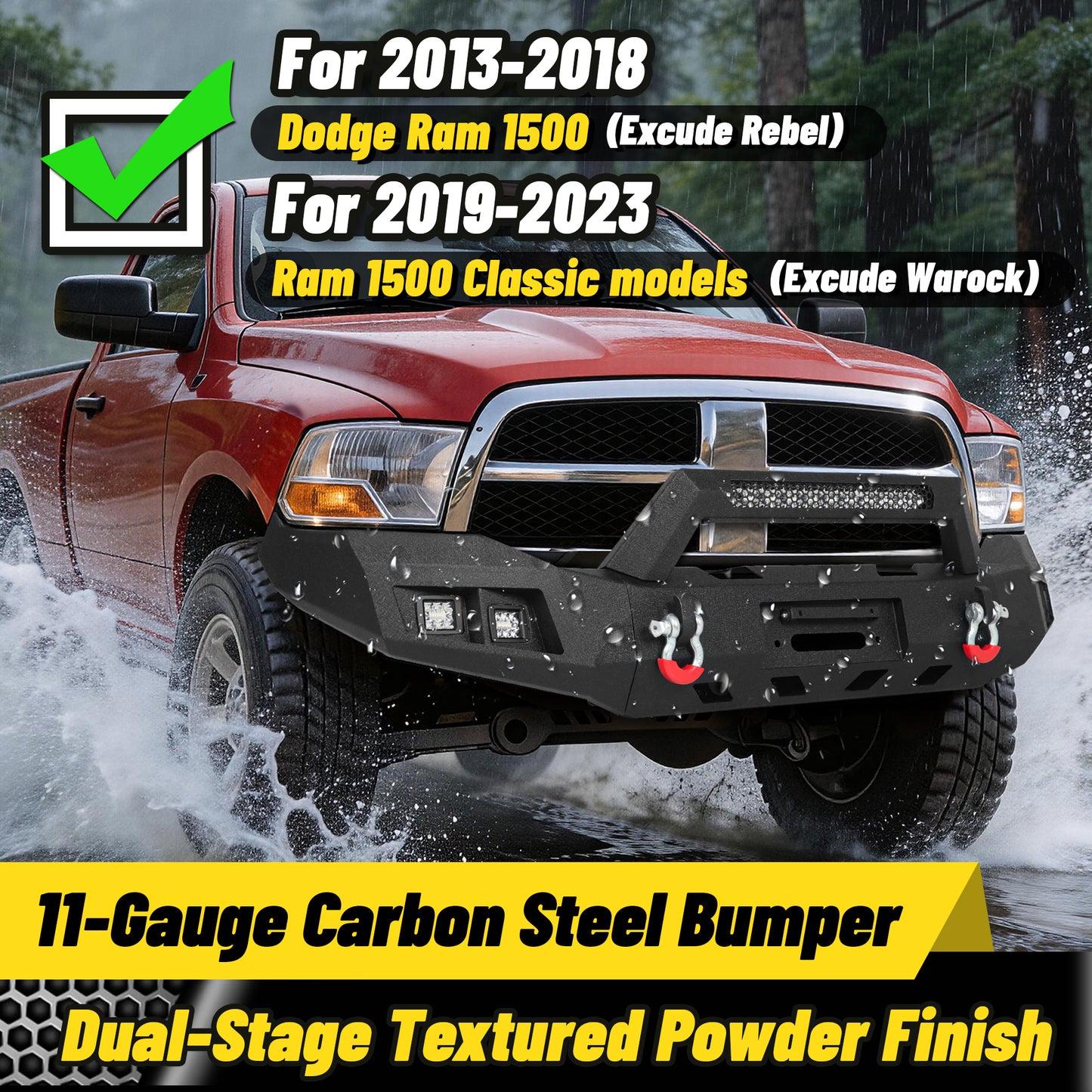 Ram 1500 13-18 & 19-23 Classic Front Bumper|Direct Bolt-On, No Drill, Full Width Trail Defense, Winch Plate & Recovery D-Rings