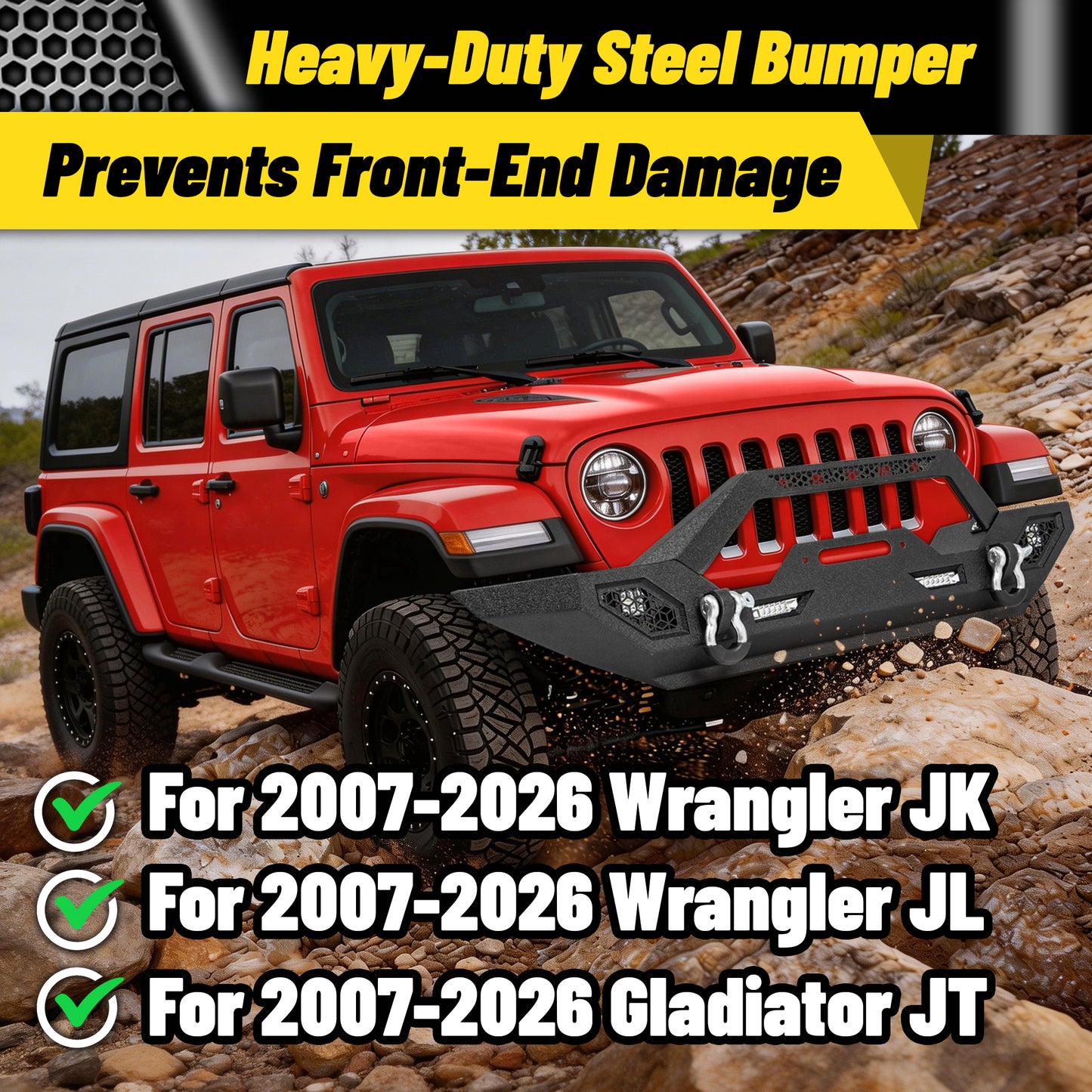 Jeep Wrangler JK/JL 07-26 & Gladiator JT Front Bumper|Direct Bolt-On, No Drill, Off-Road Adventure Armor, Light Bar & D-Rings