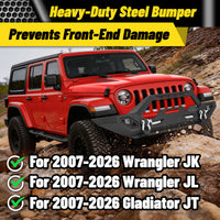 Jeep Wrangler JK/JL 07-26 & Gladiator JT Front Bumper|Direct Bolt-On, No Drill, Off-Road Adventure Armor, Light Bar & D-Rings