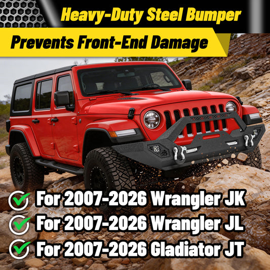 Jeep Wrangler JK/JL 07-26 & Gladiator JT Front Bumper|Direct Bolt-On, No Drill, Off-Road Adventure Armor, Light Bar & D-Rings