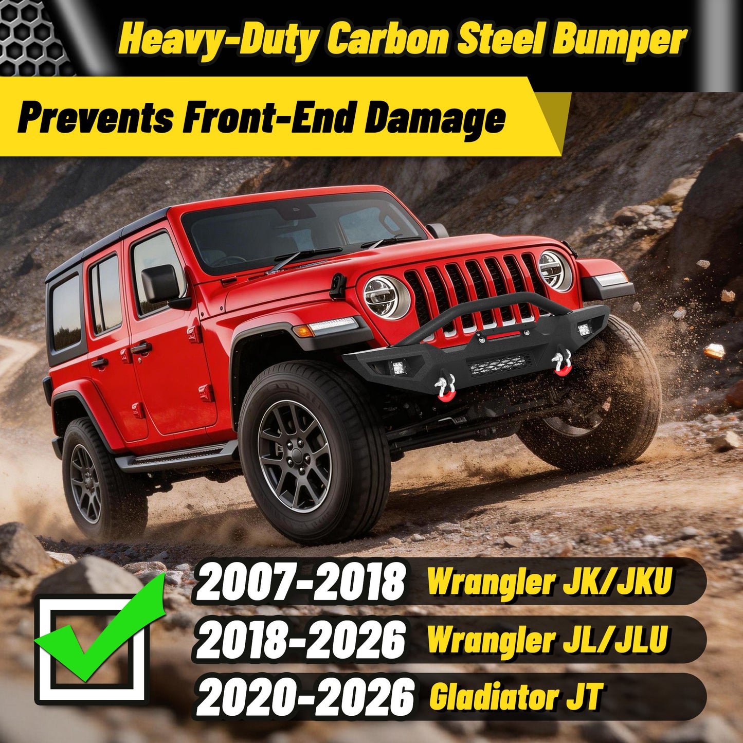 Jeep Wrangler JK, JL & Gladiator JT Front Bumper|Direct Bolt-On, No Drill, Off-Road Adventure Armor, Stainless Steel Skid Plate & Dual D-rings