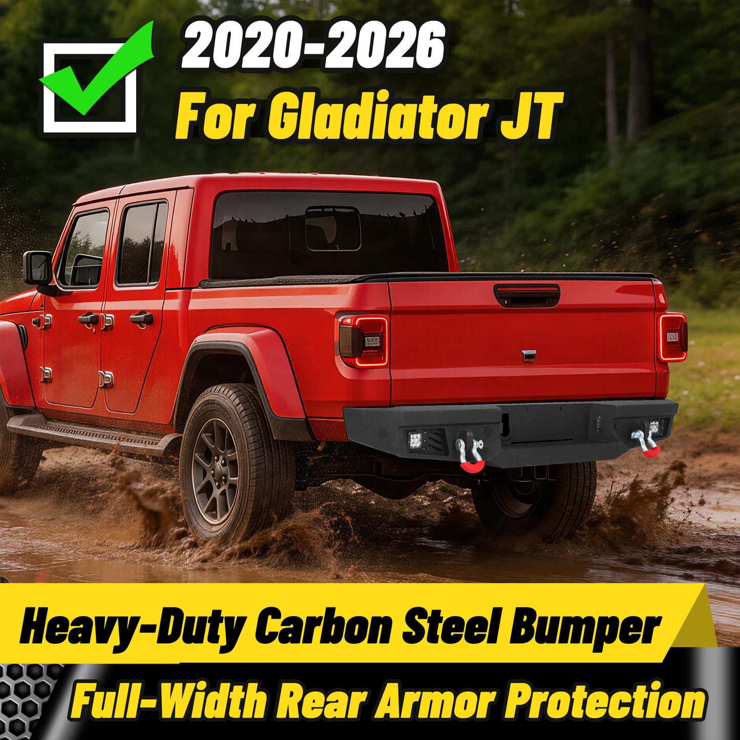 Jeep Gladiator JT 20-26 Rear Bumper| Bolt-On, No Drilling,Off-Road Armor, LED Lights & D-Rings
