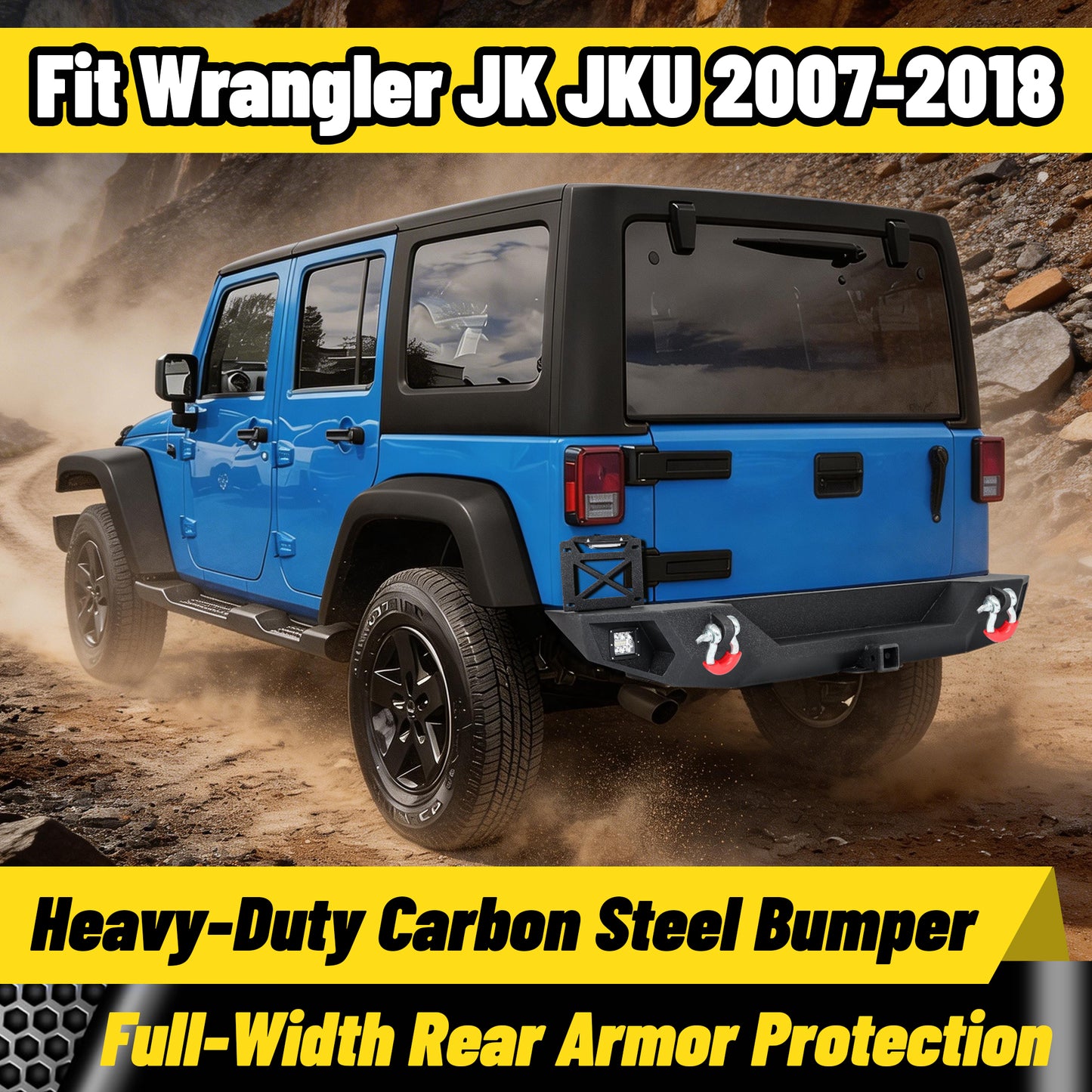 Jeep Wrangler JK/JKU 07-18 Rear Bumper|Direct Bolt-On, No Drill, Trail Protection & Recovery, LED Lights & D-Rings