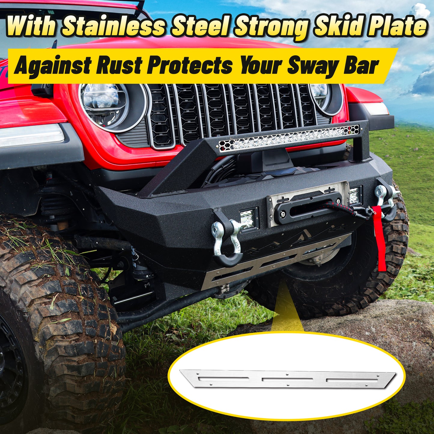 Jeep JL 18-26 & Gladiator JT Front Bumper |Direct Bolt-On, No Drill, Off-Road Adventure Armor, Stainless Steel Skid Plate