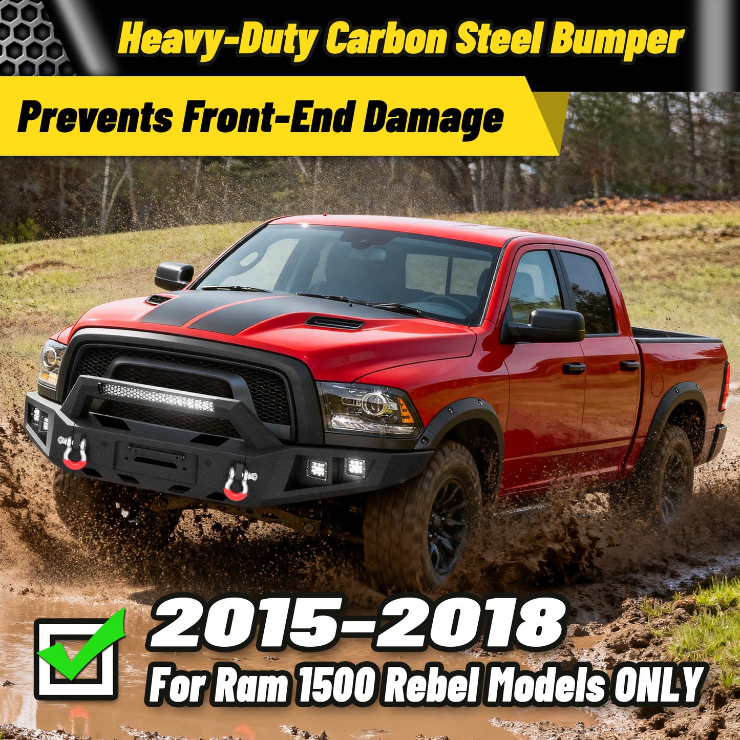 Ram 1500 Rebel 15-18 Front Bumper|Bolt-On, No Drilling, Off-Road Armor, LED Light Bar & D-Rings