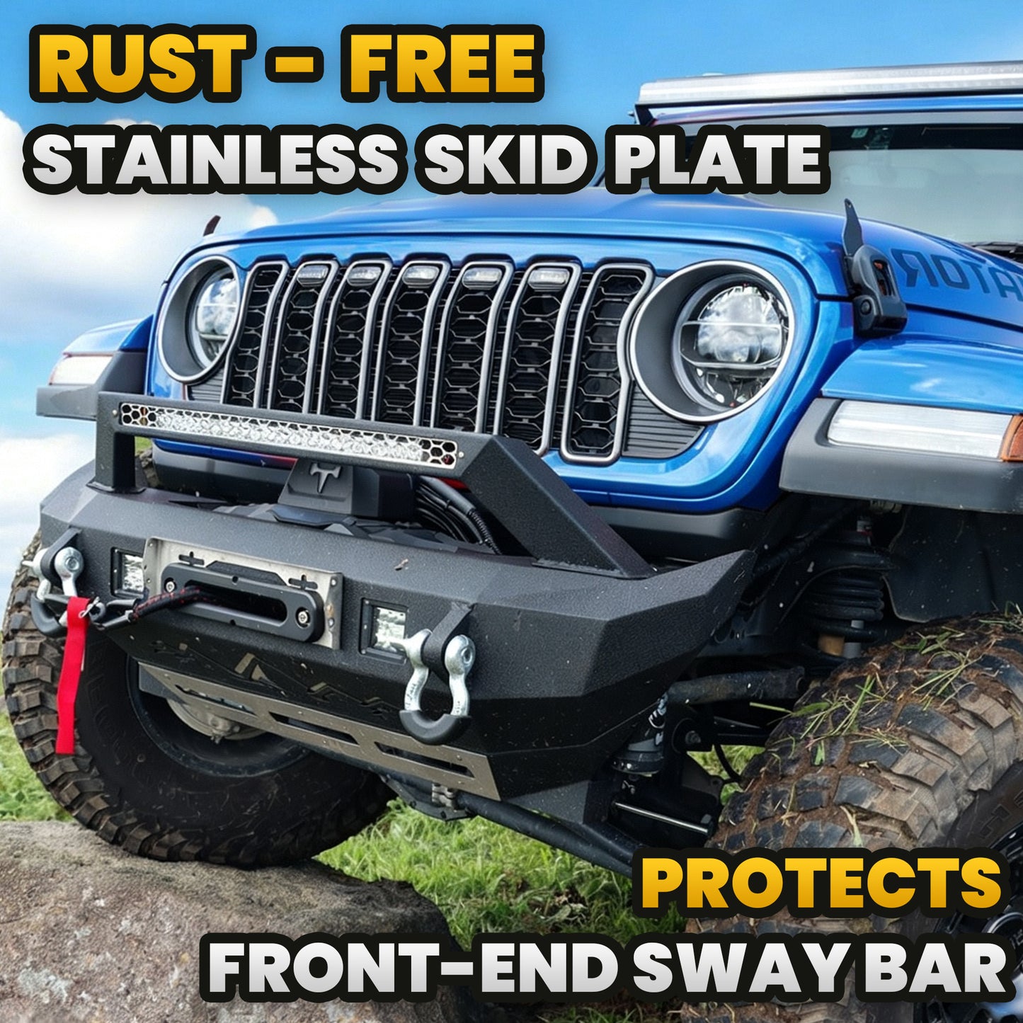 Jeep JL 18-26 & Gladiator JT Front Bumper |Direct Bolt-On, No Drill, Off-Road Adventure Armor, Stainless Steel Skid Plate