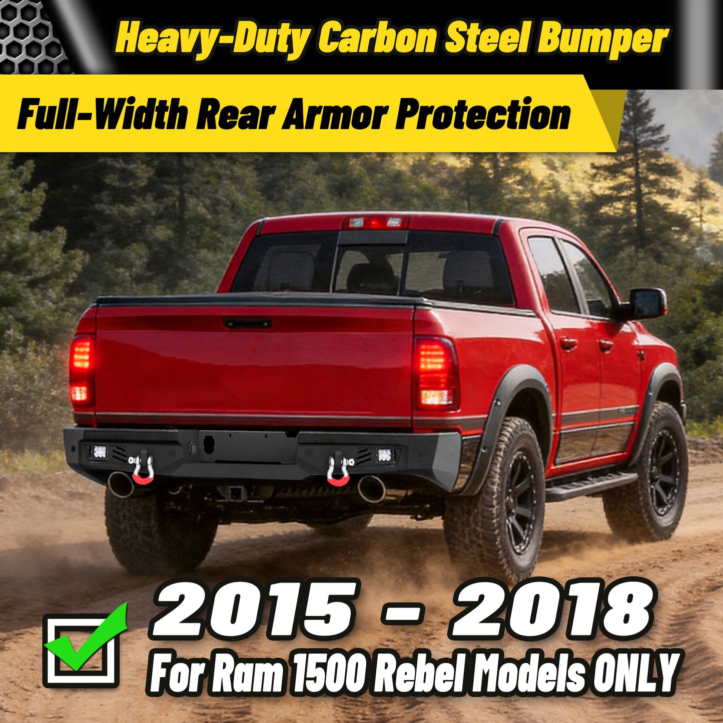 Ram 1500 Rebel 15-18 Rear Bumper| Bolt-On, No Drilling,Steel Off-Road Armor, LED Lights & D-Rings