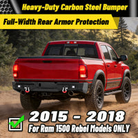 Ram 1500 Rebel 15-18 Rear Bumper| Bolt-On, No Drilling,Steel Off-Road Armor, LED Lights & D-Rings