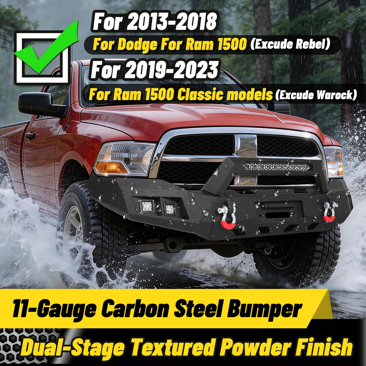 Ram 1500 13-18 & 19-23 Classic Front Bumper|Direct Bolt-On, No Drill, Full Width Trail Defense, Winch Plate & Recovery D-Rings