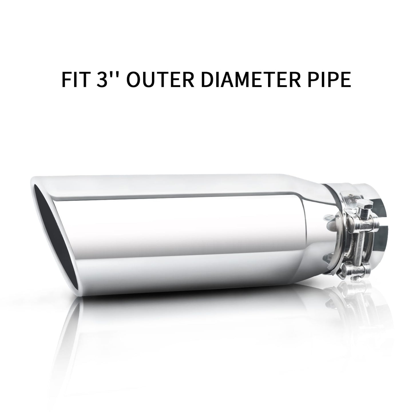 Silver exhaust tip with 3" inlet and 4" outlet, 12" overall length. Fits most trucks, cars, and SUVs.