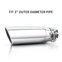 Silver exhaust tip with 3" inlet and 4" outlet, 12" overall length. Fits most trucks, cars, and SUVs.