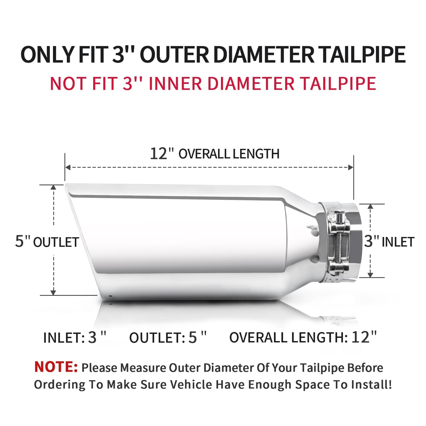 3" x 5" x 12" silver exhaust tip showing dimensions for trucks, cars, and SUVs, sleek and precise fit.