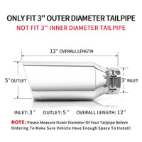 3" x 5" x 12" silver exhaust tip showing dimensions for trucks, cars, and SUVs, sleek and precise fit.
