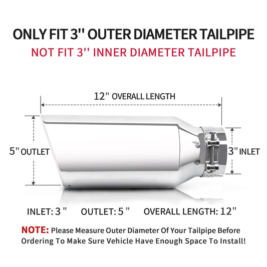 MONOKING Exhaust Tip 3" Inlet 5" Outlet 12" Overall Length Clamp-On Universal