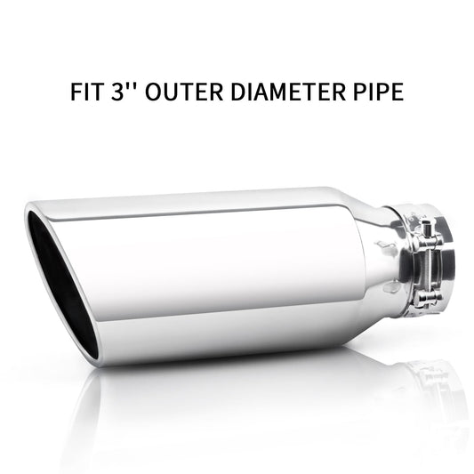 3" x 5" x 12" silver exhaust tip front view, sleek design, perfect fit for trucks, cars, and SUVs.