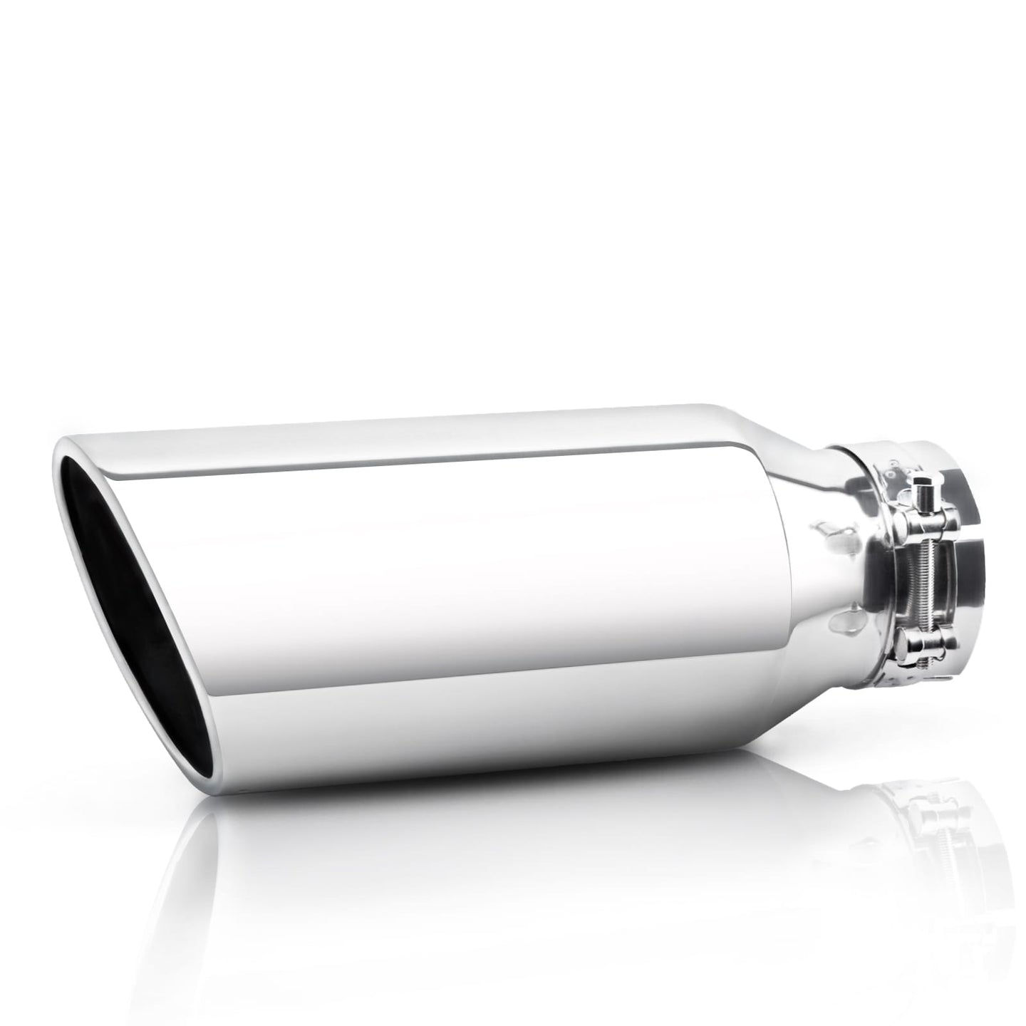 3" x 5" x 12" silver exhaust tip front view on white background, perfect fit for trucks, cars, and SUVs.