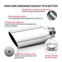 3" x 5" x 12" silver exhaust tip showing installation method and tips for trucks, cars, and SUVs.