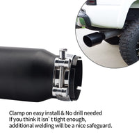 Black exhaust tip 3" inlet 4" outlet 12" showing compatibility with vehicle tailpipe.