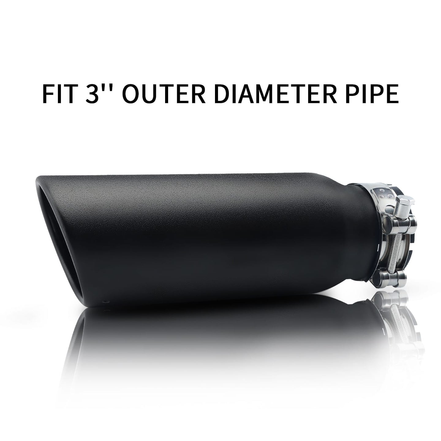 Black exhaust tip 3" inlet 4" outlet 12" shown front view on white background for clear display.