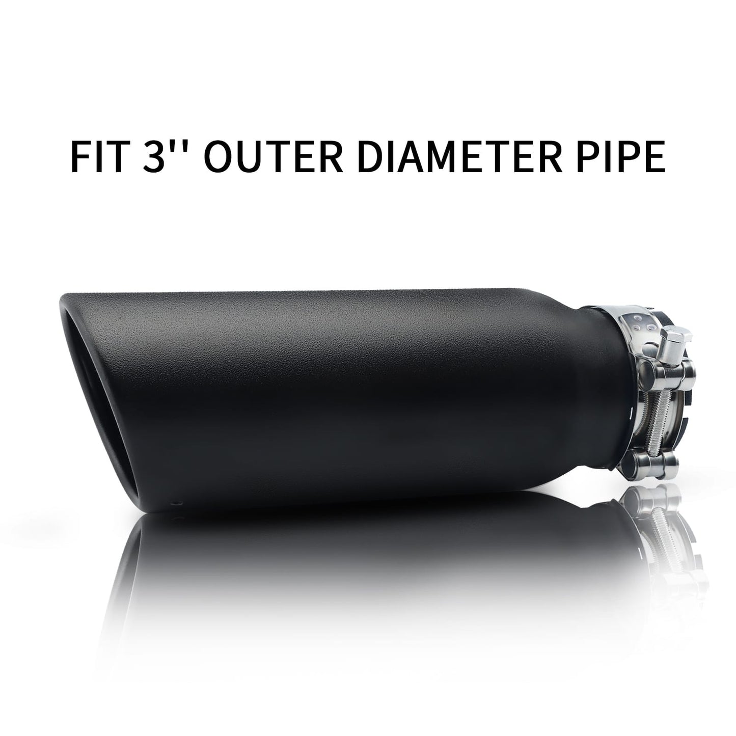 Black exhaust tip 3" inlet 4" outlet 12" shown front view on white background for clear display.