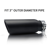 Black exhaust tip 3" inlet 4" outlet 12" shown front view on white background for clear display.