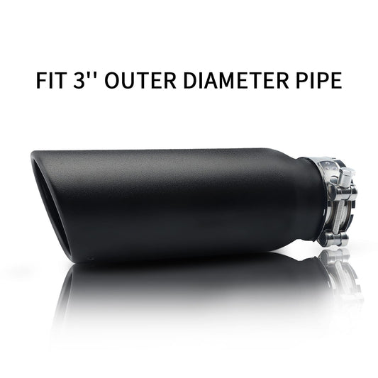 Black exhaust tip 3" inlet 4" outlet 12" shown front view on white background for clear display.