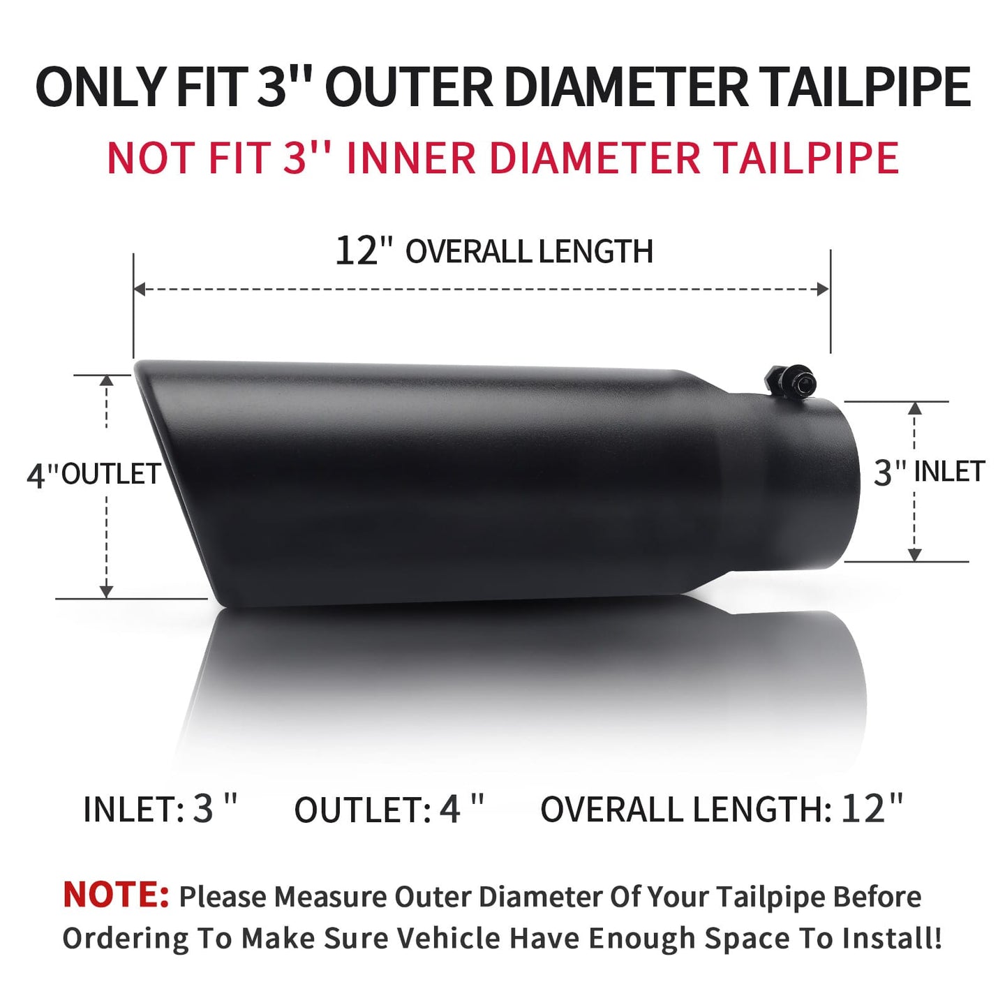 Black exhaust tip 3" inlet 4" outlet 12" fits 3-inch outer diameter tailpipes