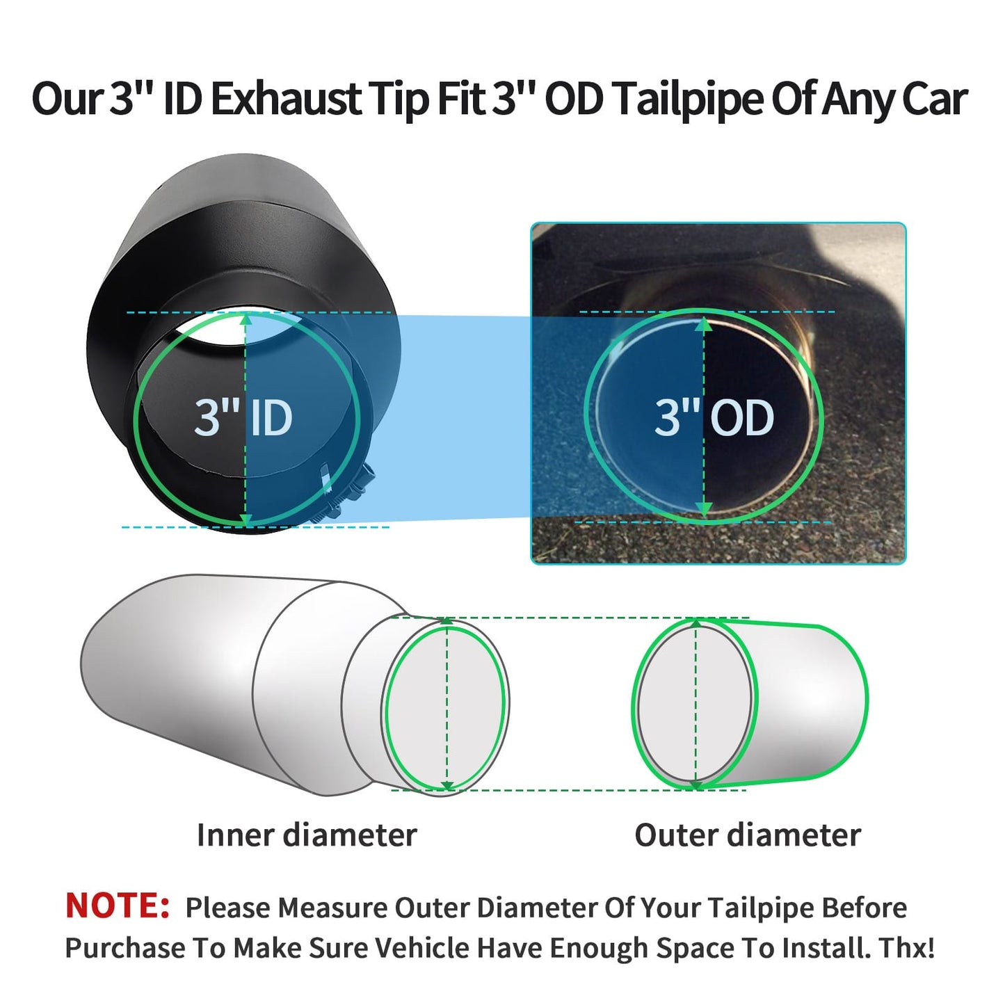 Exhaust tip 3" inlet 4" outlet 12" inner and outer diameter fit for cars and trucks