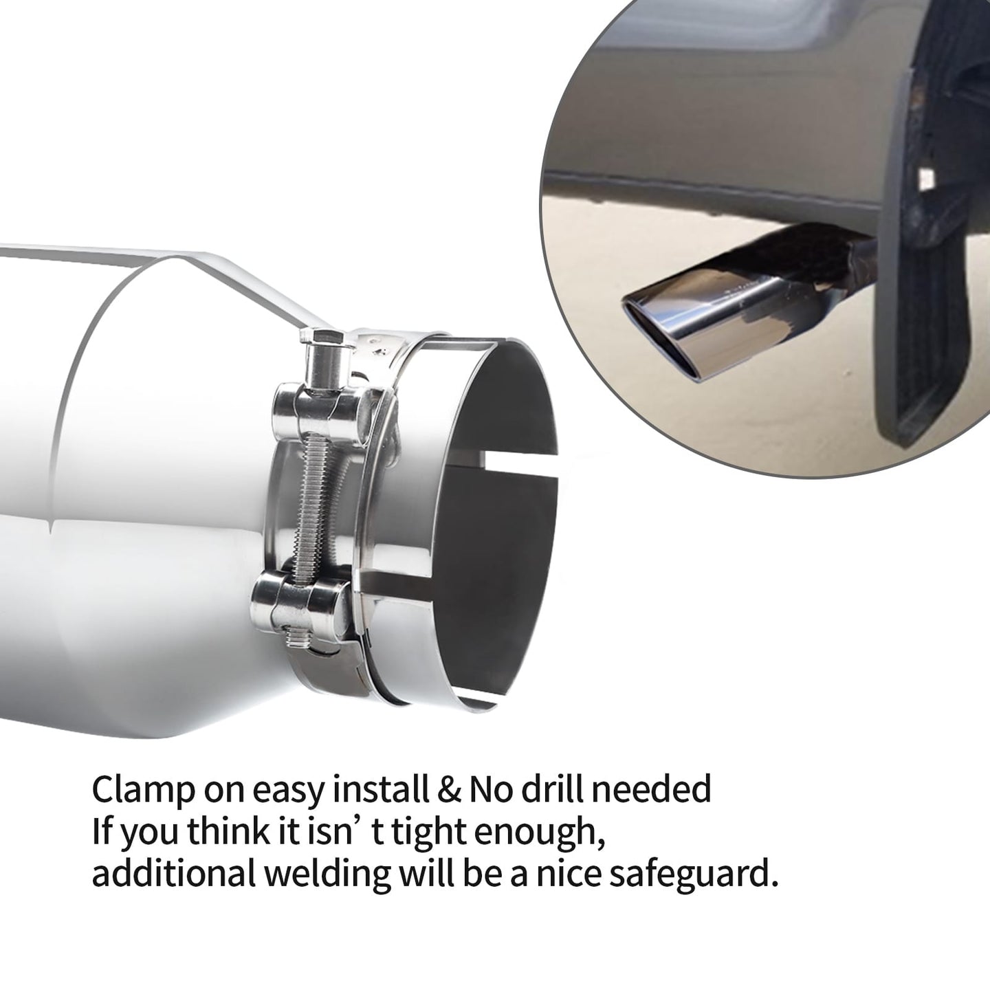 Silver exhaust tip 3" inlet 4" outlet 12" showing compatible trucks, cars, and SUVs.