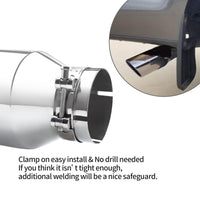 Silver exhaust tip 3" inlet 4" outlet 12" showing compatible trucks, cars, and SUVs.