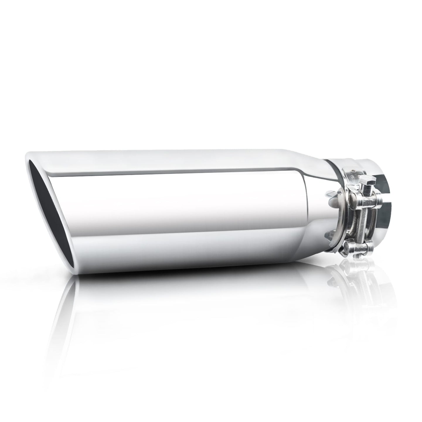 Silver exhaust tip 3" inlet 4" outlet 12" shown front view on white background for clear display.