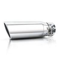 Silver exhaust tip 3" inlet 4" outlet 12" shown front view on white background for clear display.