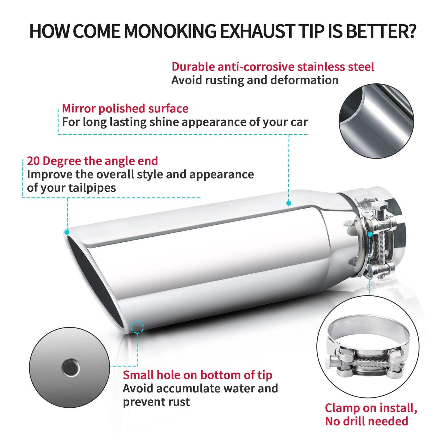 Silver exhaust tip 3" inlet 4" outlet 12" with easy installation guide and tips for trucks, cars, and SUVs.