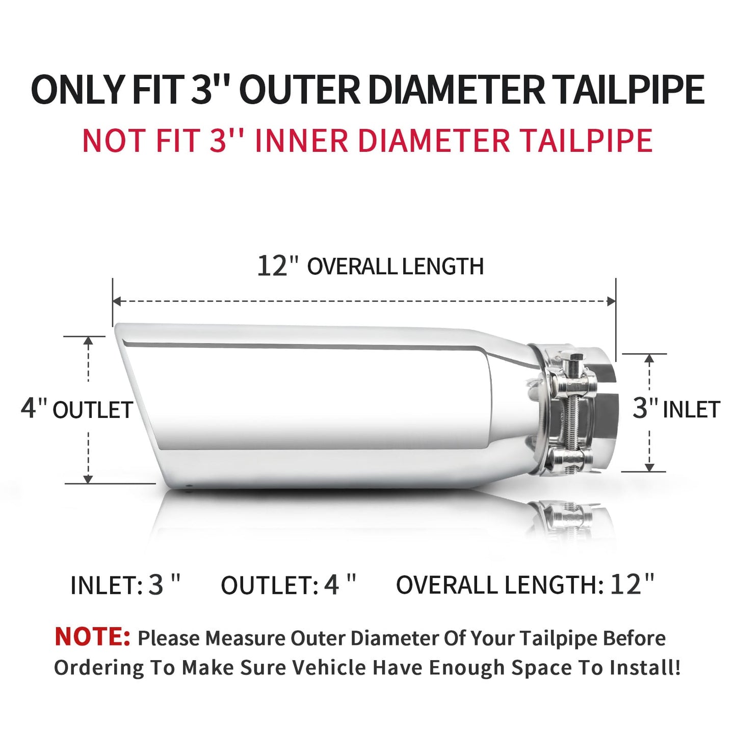 Silver exhaust tip showing 3" inlet, 4" outlet, 12" length. Perfect fit for trucks, cars, and SUVs.