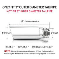 Silver exhaust tip showing 3" inlet, 4" outlet, 12" length. Perfect fit for trucks, cars, and SUVs.