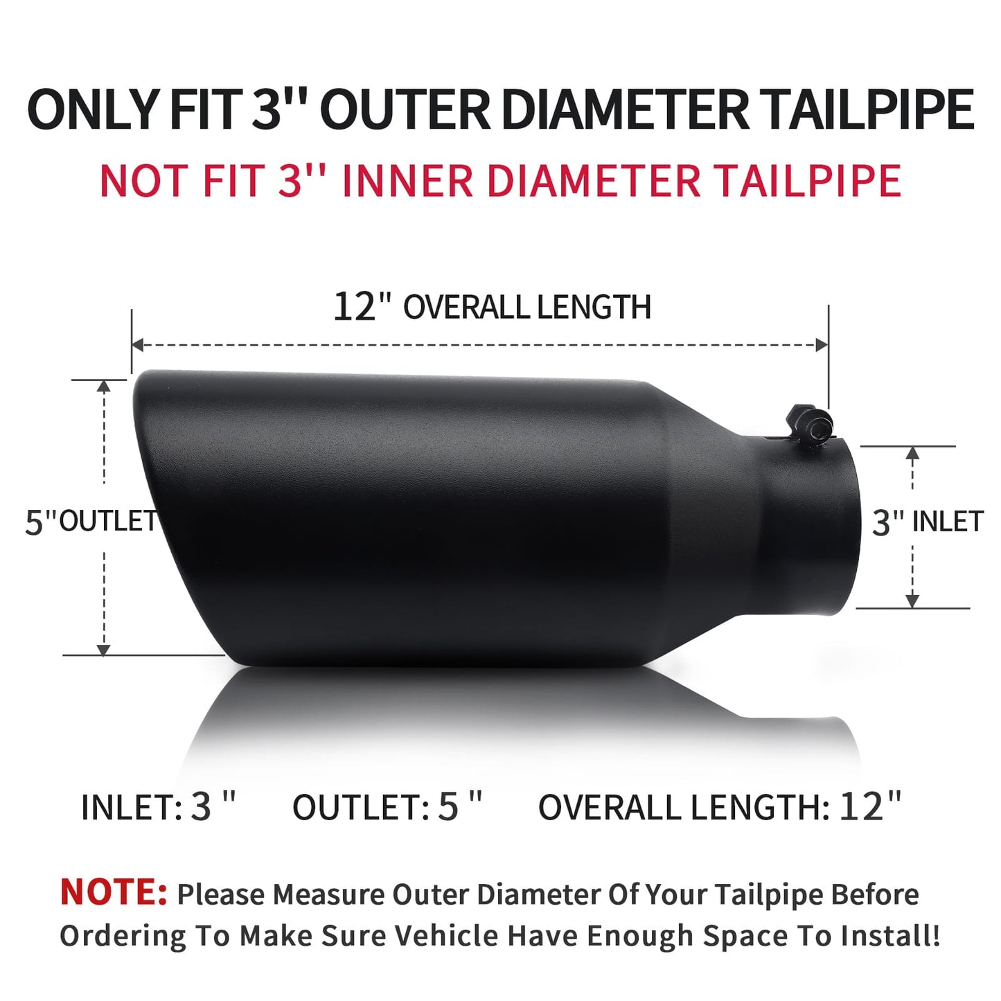 Exhaust tip 3" inlet 5" outlet 12" inner and outer diameter fit for cars and trucks