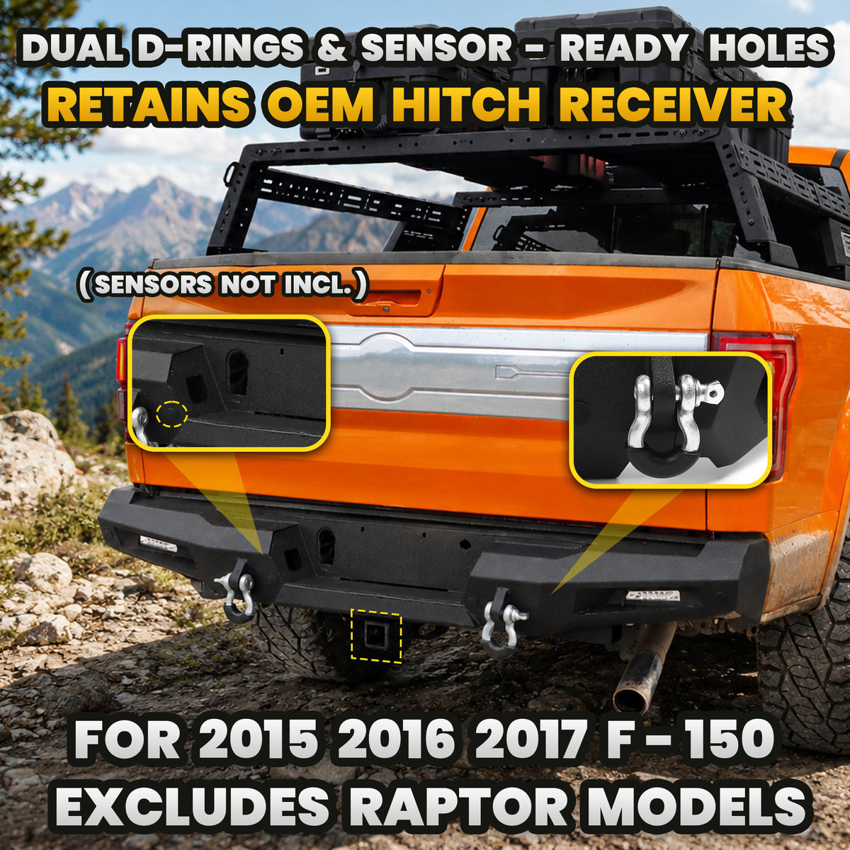FORD 15-17 Rear Bumper | Direct Bolt-On, No Drill, Aggressive Durable OEM Fit Upgrade, LED Lignts＆Dual D-rings
