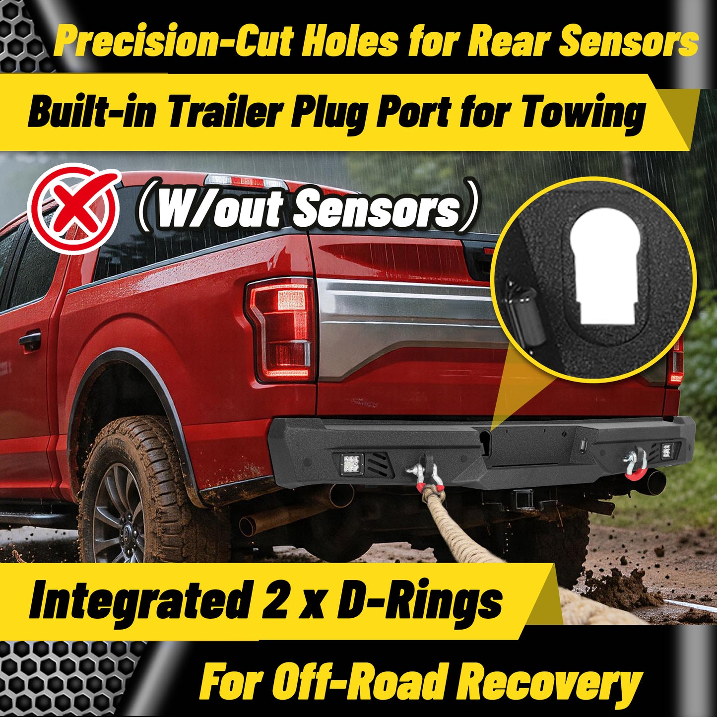 Ford F-150 15-25 (Excl. Raptor & EcoBoost) Rear Bumper|Direct Bolt-On, No Drill, Trail-Ready Protection, LED Lights &Dual D-Rings