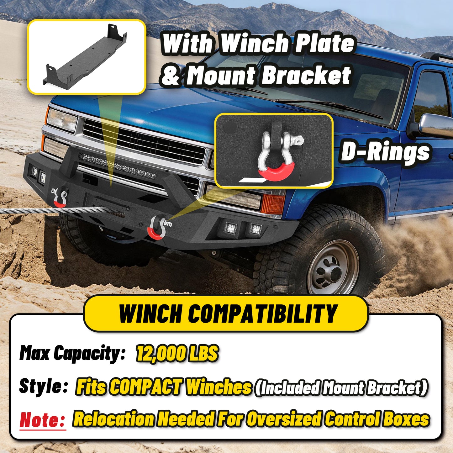 Chevy Suburban 92-99 / Yukon 92-99 / Tahoe 95-99 Front Bumper|Bolt-On, No Drilling, Heavy Duty Steel Work Armor, LED Lights & D-Rings