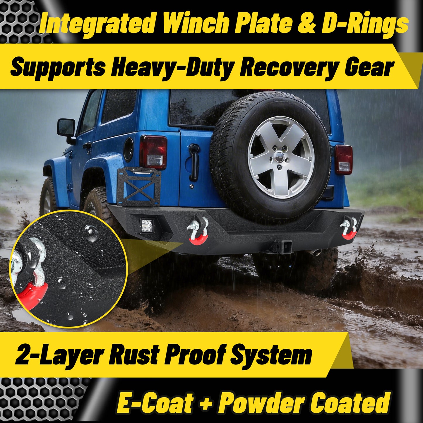 Jeep Wrangler JK/JKU 07-18 Rear Bumper|Direct Bolt-On, No Drill, Trail Protection & Recovery, LED Lights & D-Rings