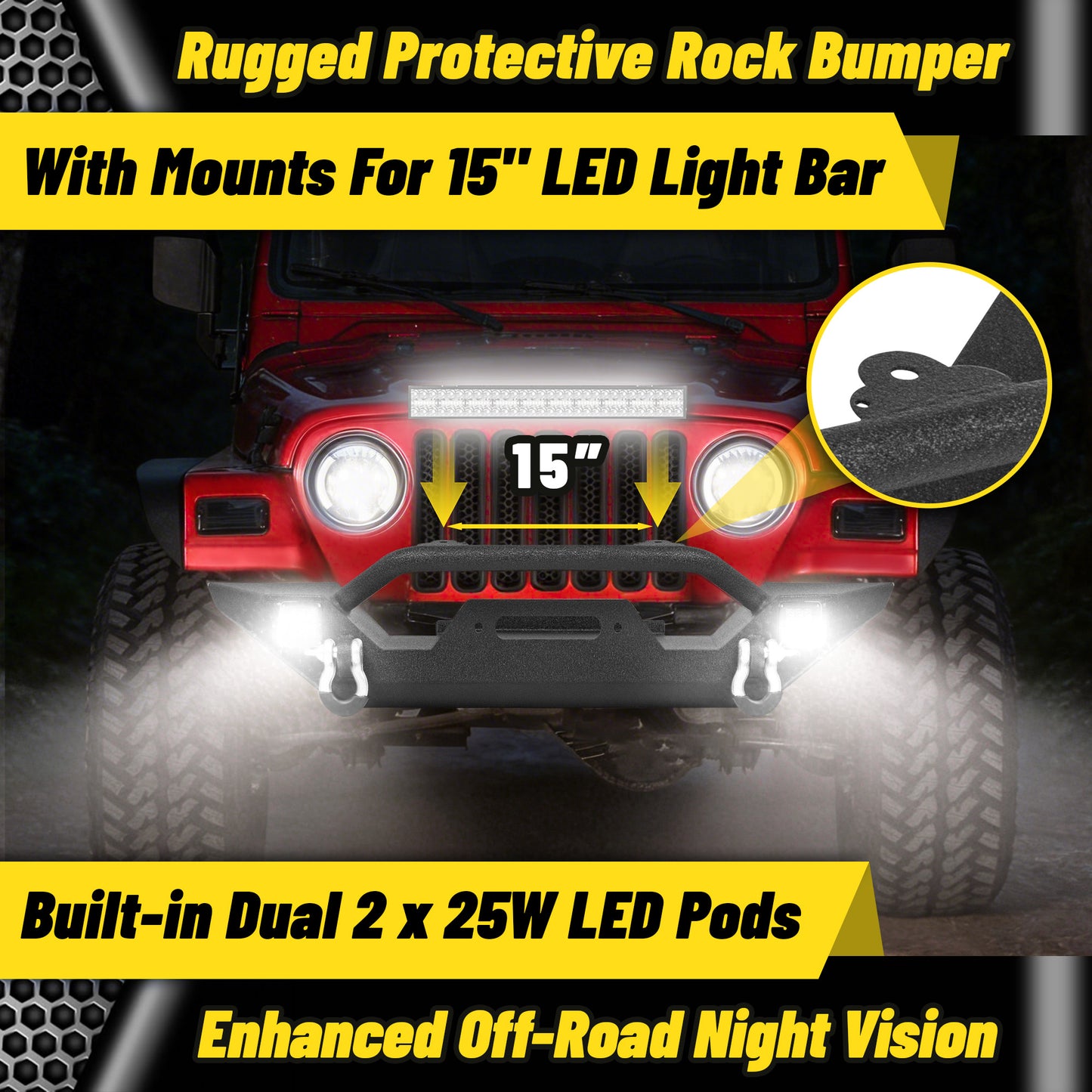 Jeep Wrangler TJ/YJ 87-06 Front Bumper|Direct Bolt-On, No Drill, Off-Road Adventure Armor, Light Bar & D-Rings